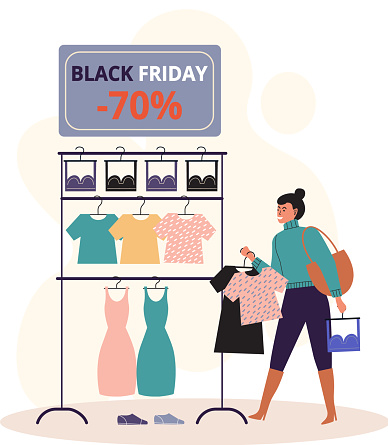 Women in clothing store on black friday. Seasonal discount offers, clothes on sale. Closeout in shop