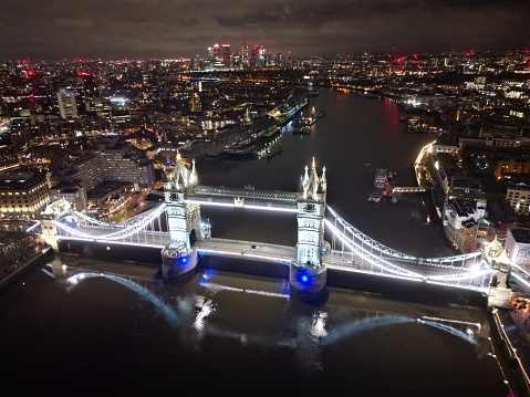An aerial view of London Tower Bridge at night