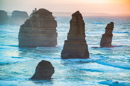 Aerial sunset view of majestic Twelve Apostles in Port Campbell National Park, Australia