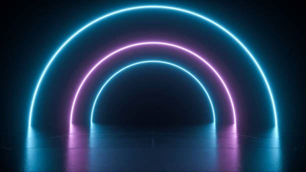 istock Abstract round neon lines on the floor with reflection, beautiful desktop wallpaper - 3D rendering 1456002890