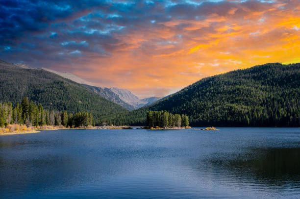 Sunset behind Monarch Lake in the Colorado Rocky Mountains stock photo