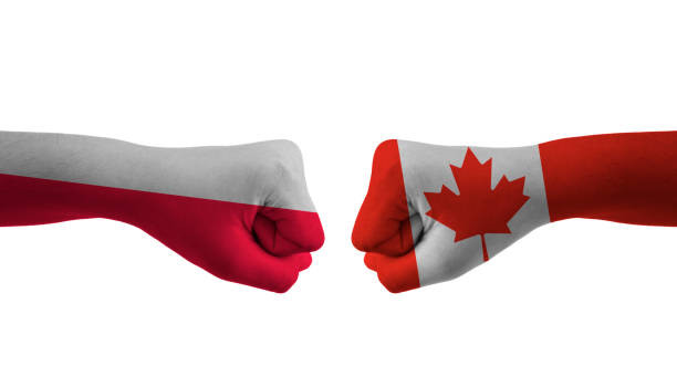 istock Canada VS Poland hand flag Man hands patterned football world cup 1456004999