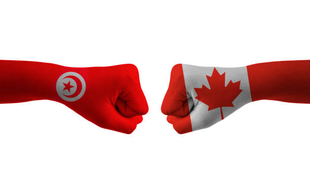 istock Canada VS Tunisia hand flag Man hands patterned football world cup 1456005049