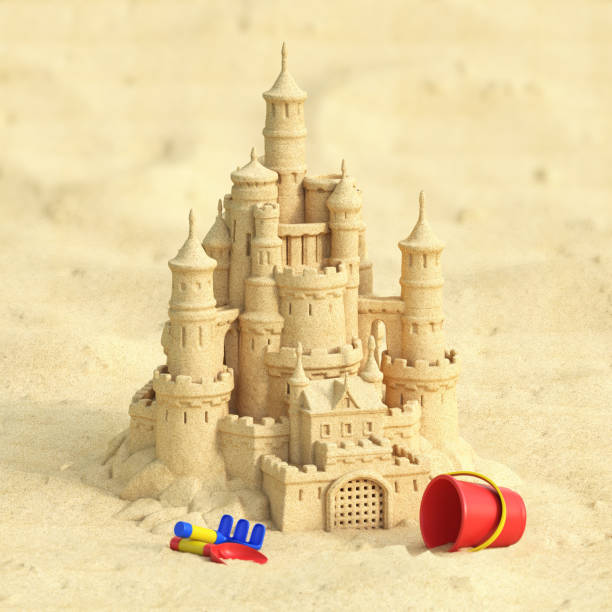 istock Sand castle with kids sand toys set on the beach 3d rendering 1456005093