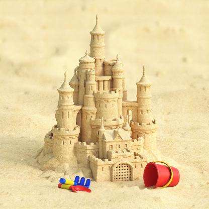 Sand castle with kids sand toys set on the beach 3d rendering