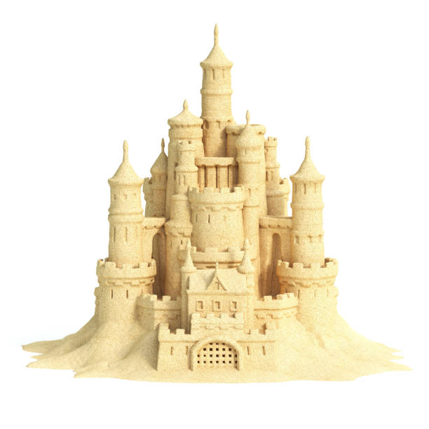 château de sable isolé sur fond blanc rendu 3d - sandcastle photos et images de collection