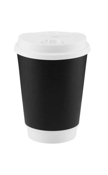 istock Black disposable coffee cup isolated on white background with clipping path. Real photo. Paper. 1456006199