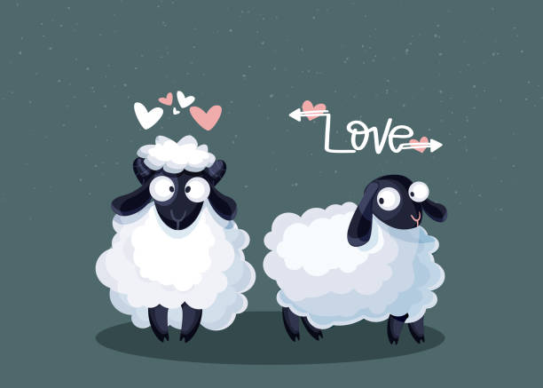 만화 스타일의 사랑 개념. 화려한 추상적인 배경에 하트를 가진 귀여운 사랑스러운 양들. 앱, 웹사이트, 프레젠테이션 또는 디자인을 위한 현대적인 창의적인 그림입니다. - nobody wool multi colored love stock illustrations