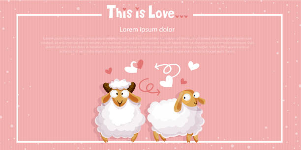 만화 스타일의 사랑 개념. 텍스트를 위한 공간이 있는 컬러 배경에 하트가 있는 귀여운 양. 앱, 웹사이트, 프레젠테이션 또는 디자인을 위한 현대적인 창의적인 그림입니다. - nobody wool multi colored love stock illustrations