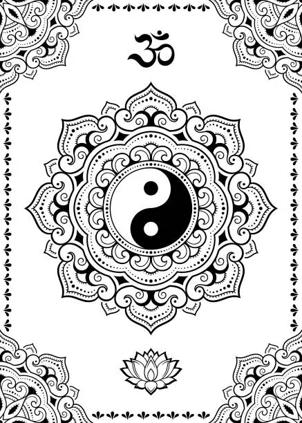 Vector illustration of Set of Eastern ethnic religious symbols. Mandala with OM mantra, Yin Yang, Lotus flower. Decorative pattern for henna, mehndi, tattoos, room decoration. Outline doodle vector illustration.