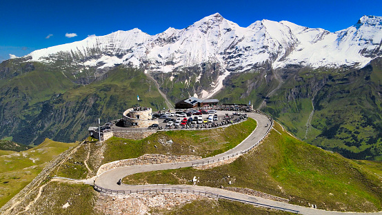 Aerial view of Grossglockner mountains in summer from a drone flying over Edelweiss Spitze