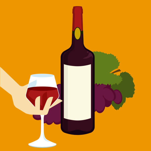 ワイングラスを持つ手。ブドウとボトル。葡萄園。黄色の背景。良い機会に厳選された赤ワインのラベルを付けました。ロマンチックなディナー。 - toast glass wine dinner点のイラスト素材／クリップアート素材／マンガ素材／アイコン素材