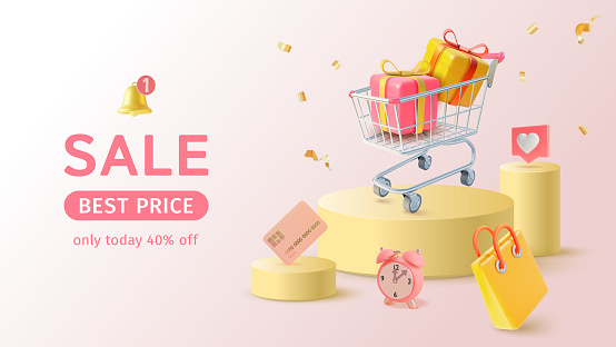 3d Sale Best Price Ads Banner Concept Poster Card Plasticine Cartoon Style Podium Platform Stage Product and Trolley Market with Present Gift. Vector illustration