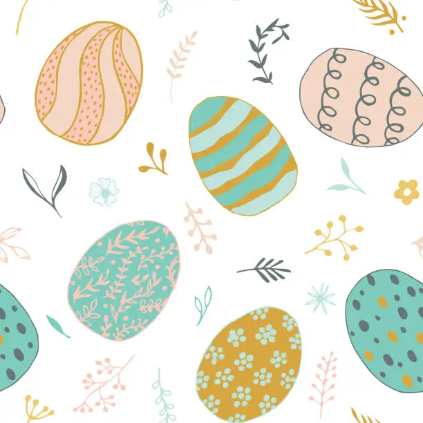 Vector illustration of Easter seamless pattern with eggs. Easter eggs, branches, flowers in pastel gentle colors. spring easter pattern for wrapping paper, textile, wallpaper. Happy easter holiday elements. Vector Illustration.