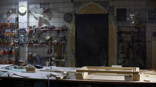 istock Items in garage. Workplace for creating structure. Production shop. 1456010289
