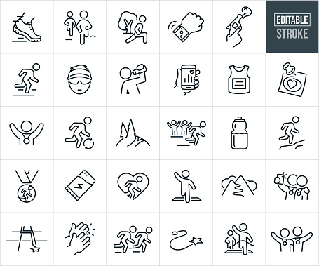 A set of running icons that include editable strokes or outlines using the EPS vector file. The icons include two people running cross country, runners foot with running shoe running, runner stretching before going out for a run, smartwatch fitness tracker tracking run, hand shooting of race starting gun, runner running on road, runner with sunglasses and visor, runner taking a drink from a water bottle, hand holding a smartphone that has a fitness tracking app on screen, runners race jersey, health goal circled, runner with arms raised and race medal around neck after successfully completing a marathon race, runner doing interval training to train for marathon, trail running, trail, runner being cheered on by race fans as he runs the race, water bottle full of water, trail runner running up hill, finishers medal, energy bar, runner with heart outline to represent the love of running, runner crossing race finish line with arm raised, mountain trail, two race finishers taking a selfie together, marathon race course, spectator hands clapping, two runners running in marathon race, cross country race winner running and crossing finish line in first place and two marathon race finishers with medals around neck and arms around each others shoulders.