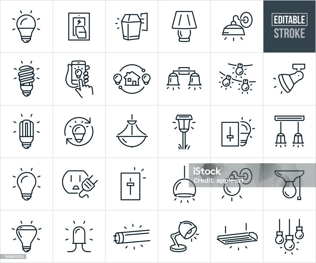 Lighting Thin Line Icons - Editable Stroke - Icons Include Light Bulbs, Compact Fluorescent, LED Light Bulb, Incandescent Light Bulb, Wall Sconce, Lamp, Pendant Light, Light - Royaltyfri Ikon vektorgrafik Lighting Thin Line Icons - Editable Stroke - Icons Include Light Bulbs, Compact Fluorescent, LED Light Bulb, Incandescent Light Bulb, Wall Sconce, Lamp, Pendant Light, Light - Royaltyfri Ikon vektorgrafik