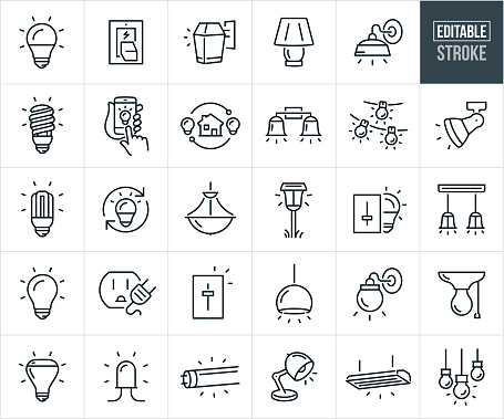 A set of lighting icons that include editable strokes or outlines using the EPS vector file. The icons include several different lightbulbs including a LED light bulb, compact fluorescent light bulb, incandescent light bulb, and CFL light bulb. They also include a light bulb that is on, light switch, home lighting automation from smartphone, electrical outlet and plug, light emitting diode, wall sconce, residential lighting, chandelier, dimmer switch, lamp, vanity light, outdoor path light, modern lights, hanging globe light, office light, hanging outdoor lights, pendant lights, flood light and other lights.