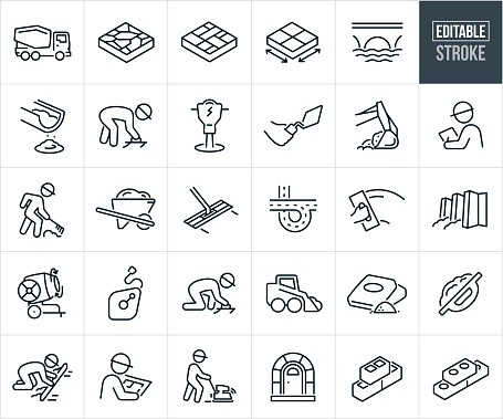 A set of concrete work icons that include editable strokes or outlines using the EPS vector file. The icons include a cement truck, cement work, stamped concrete, concrete blocks, bridge, cement, construction worker using cement trowel to work with cement, jackhammer, hand holding cement trowel, excavator, project manager, construction worker using rake to work with concrete, wheelbarrow full of concrete, bull float, cement tools, highway, hand using cement float to work concrete, concrete dam, cement mixer, chalkline, mason working with cement, bags of cement, construction worker using a screed board to work cement, construction worker wearing hardhat reviewing plans, construction worker using a ground compactor, stonework door frame, cinder blocks and bricks.
