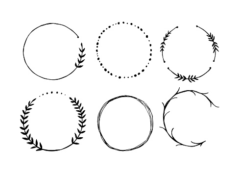 Set of round botanical frames. Dimensional minimalist frames. Round border, leaves and flowers, wedding invitations and cards, logo design and poster template. Vector