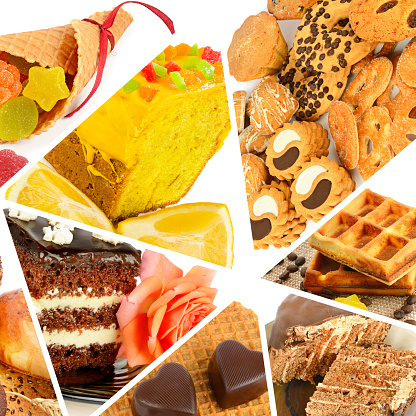 Sweet pastries and other desserts isolated on white background. Collage.
