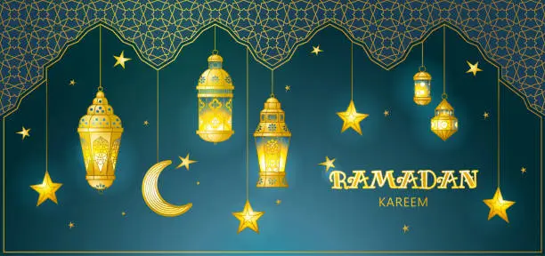 Vector illustration of Golden card for Ramadan Kareem greeting.