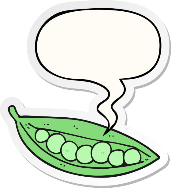 cartoon erbsen in schote mit sprechblasenaufkleber - green pea pea pod vegetable cute stock-grafiken, -clipart, -cartoons und -symbole