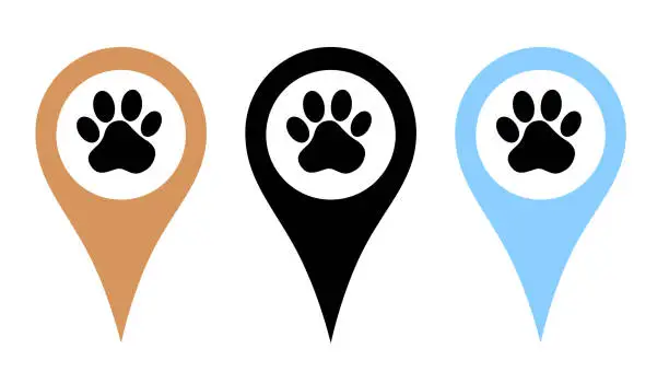 Vector illustration of Location pin set. Pins indicating the location of a veterinary clinic, pet store, animal care center. Badges paw prints. Vector illustration in flat style