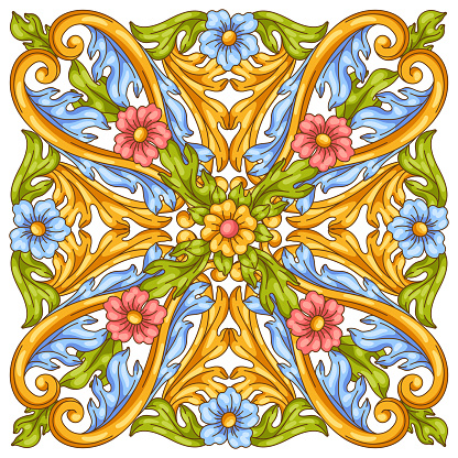 Decorative floral ceramic tile in baroque style. Colorful curling plant. Vintage swirling motif.