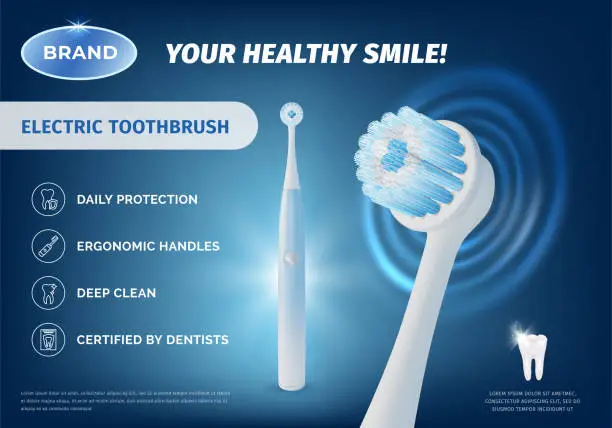 Vector illustration of Realistic Detailed 3d Electric Toothbrush Ads Banner Concept Poster Card. Vector