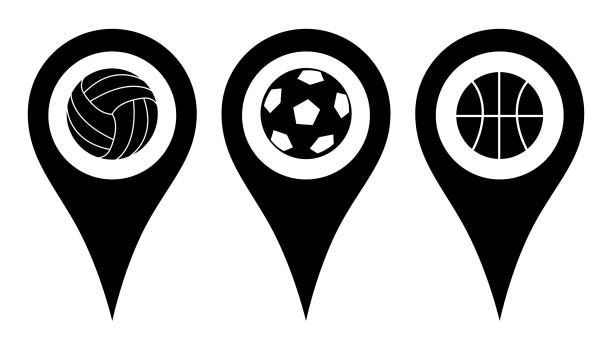 Pin location icons. A set of cartographic signs with the image of sports balls. Attach icons on a flat map to mark the location of a sports club, stadium, or competition. Vector illustration Pin location icons. A set of cartographic signs with the image of sports balls. Attach icons on a flat map to mark the location of a sports club, stadium, or competition. Vector illustration. evolution volleyball stock illustrations