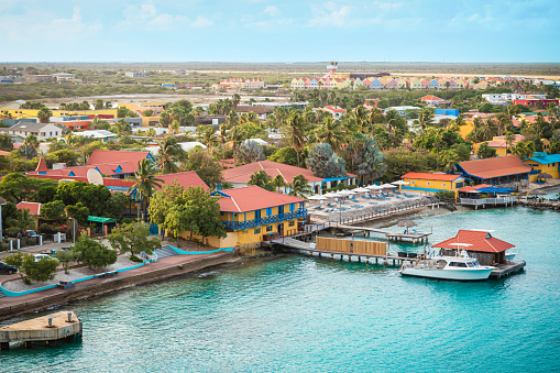 Beautiful harbor landscape with colorful houses in capital town Kralendijk on Bonaire Island, Caribbean.