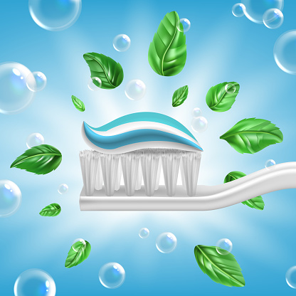Realistic Detailed 3d Toothpaste Peppermint Flavor on Toothbrush with Green Mint Leaves and Bubbles. Vector illustration