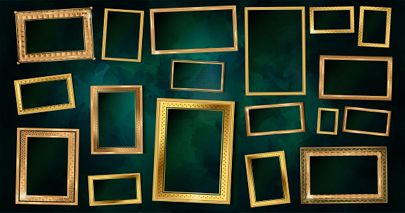 Empty painting or picture frame with golden engraved and carved Thai wooden borders.