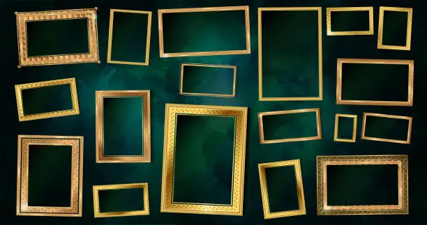Vector illustration of Set of decorative retro ornamental detailed picture frames. Old classic vector baroque golden frames collection.