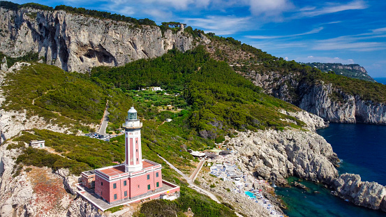 Amazing aerial view of Capri coastline along the lighthouse in summer season