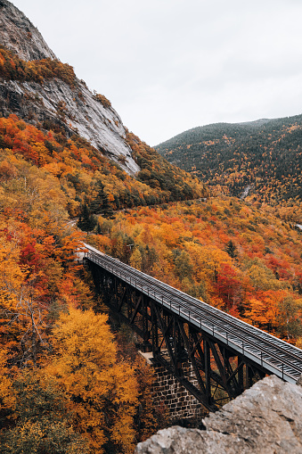 A mesmerizing shot of a railway surrounded by mountains during autumn