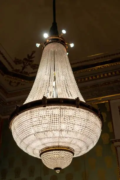A vertical shot of a vintage-style chandelier with decorative diamonds