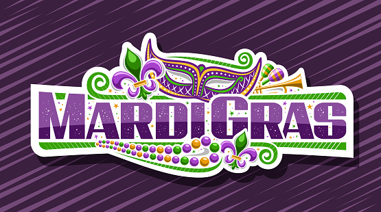 Vector banner for Mardi Gras, white decorative label with illustrations of fleur de lis symbol, venice mask, colorful beads and unique brush lettering for text mardi gras on purple striped background