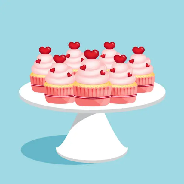 Vector illustration of Many flavor cupcakes with berries and red hearts on a white platter, vector Illustration.