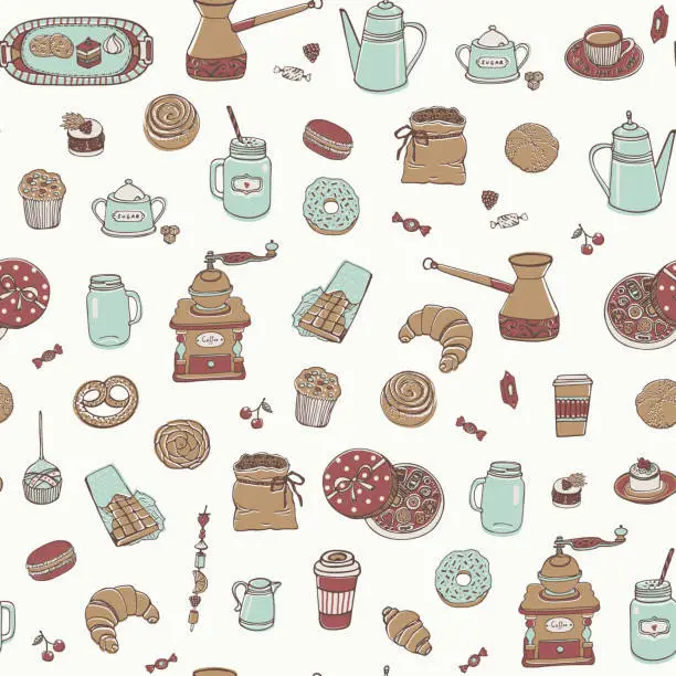 Vector illustration of Coffee Breakfast cafe vector seamless pattern.