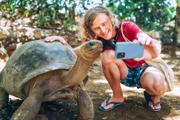 istock Smiling tourist boy making a selfie using cell phone with Aldabra giant tortoise endemic species - one of the largest tortoises in the world in the zoo nature park on Mauritius island. 1456021453