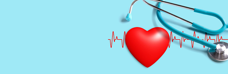 Red Heart, Stethoscope and cardiogram on blue background, banner for heart health, health care, health checkup concept background