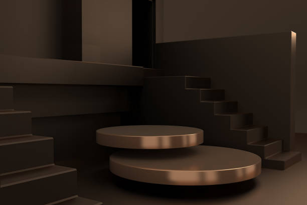 istock Abstract geometric podium background. Minimalist primitive shapes. Modern mockup. Blank template. Empty showcase. 3d render of shop display 1456021879