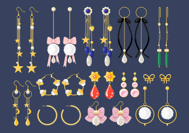 Gold earrings jewelry vector set. Gold diamond pearl gemstones pendant with bow accessories vector illustration. Stud hoop drop dangle earrings Gold earrings jewelry vector set. Gold diamond pearl topaz gemstones pendant with bow accessories vector illustration. Stud hoop drop dangle earrings hoops wedding stock illustrations