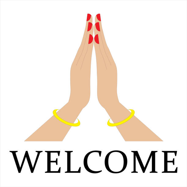 ilustrações de stock, clip art, desenhos animados e ícones de welcome sign with woman hand vector - church greeting welcome sign sign