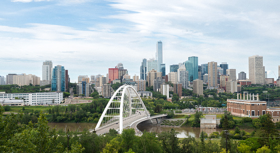 Cityscape of Edmonton, Alberta, Canada during summertime. Horizontal shot. Focus on Walterdale Bridge.