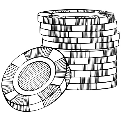 Stacks of gambling chips. Casino tokens in line art style. Vector illustrations in hand drawn sketch style isolated on white. Concept win and casino gambling
