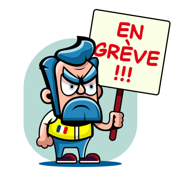 Protestor with a sign and a yellow jacket Cartoon character protesting against French government. Protests in France, « Gilets jaunes » movement (Yellow vests protests) vector illustration. The text on the sign (en grève) means striking or on strike budget cuts stock illustrations