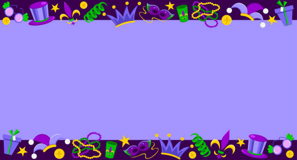 helles buntes banner auf lila hintergrund für die mardi gras feier. hut, krone, perlen, symbol, ballon, serpentine, flagge, kokosnuss, maske, kristall, stern. - mardi gras stock-grafiken, -clipart, -cartoons und -symbole